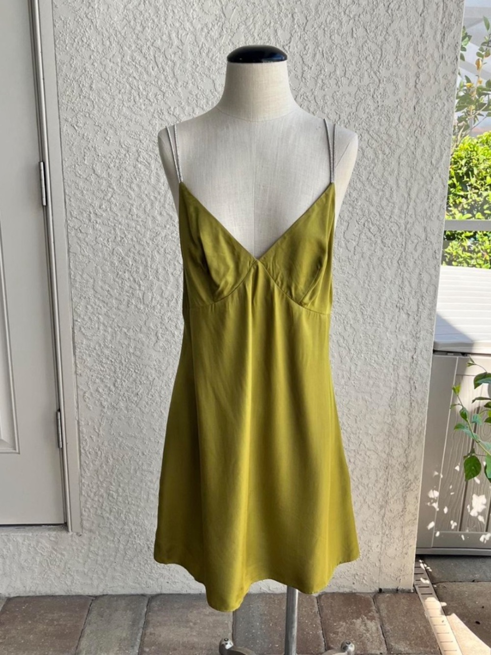 H&M Olive Green Slip Mini Dress Rhinestone Chain Straps Cocktail Formal Party
